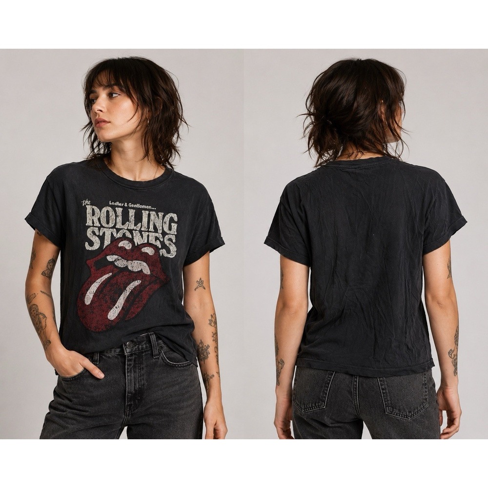 Rolling Stones‎ Graphic Band Tee Black Distressed Tongue Logo Short Sleeve XL